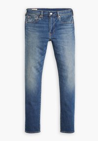 Blå slim-fit jeans med framfickor, knappstängning, bälteshällor och lätt blekning på lår och knän, visade på en vit bakgrund.