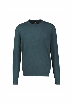 Mørk teal langærmet crewneck sweater med ribbet manchetter og kant, minimalt logo på venstre bryst.