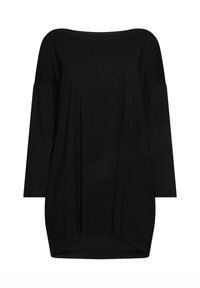 Sort tunika med bred halsudskæring, lange ærmer og en løs pasform. Stoffet er glat med en subtil drapering og asymmetrisk nederdel.