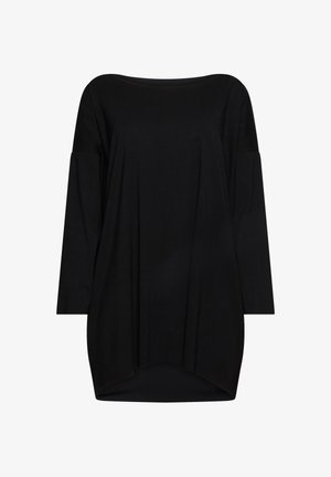 Schwarze Tunika mit weitem Ausschnitt, langen Ärmeln und lockerem Schnitt. Der Stoff ist glatt, mit einem dezenten Fall und asymmetrischem Saum.