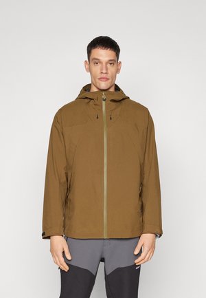 Braune Kapuzenjacke mit einem Frontreißverschluss und seitlichen Taschen, mit einer glatten Textur und kontrastierender Reißverschlussfarbe.