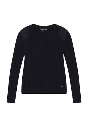 Pull en maille côtelée bleu marine avec des manches longues et un col rond. Présente une patch bleu marine à l'épaule et un petit logo en bas.