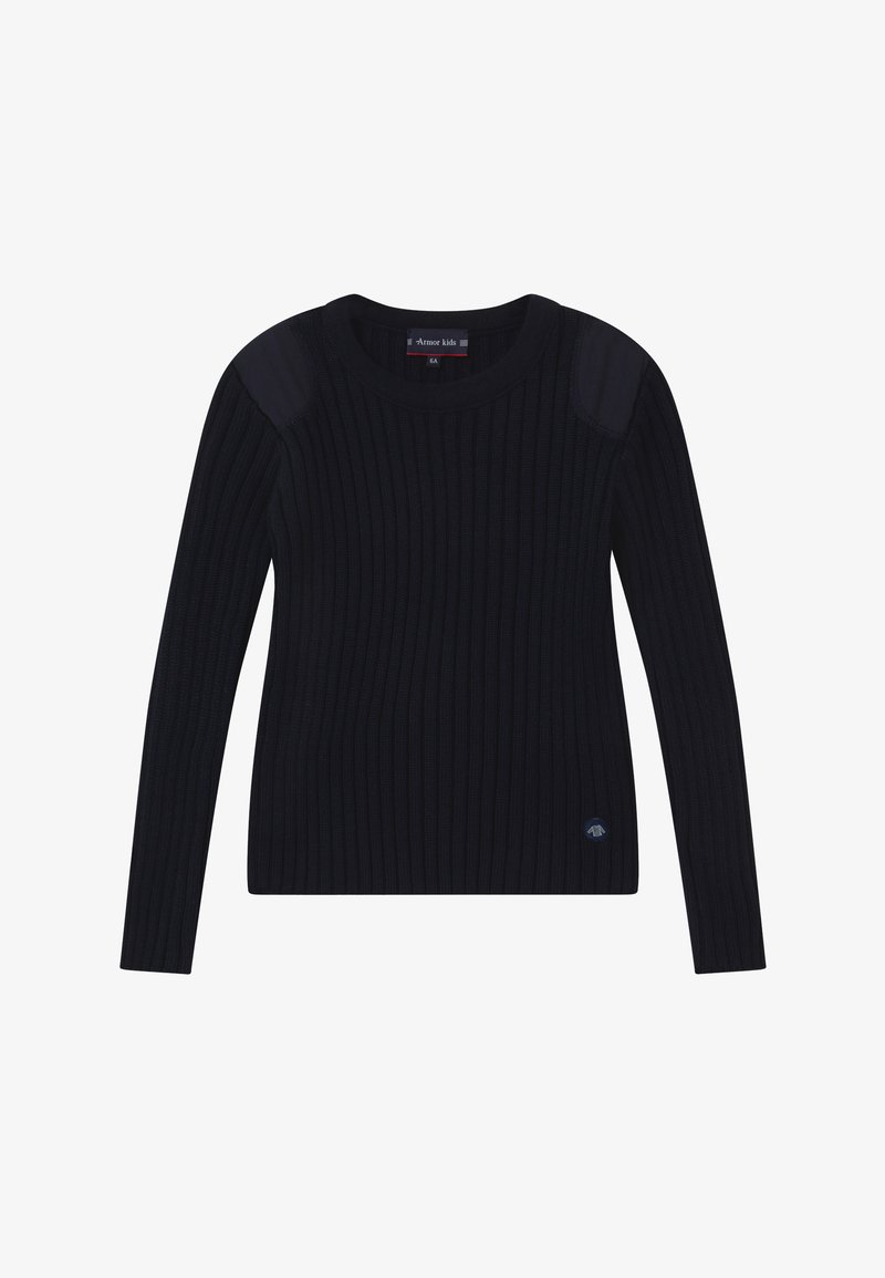 Pull noir en maille côtelée avec manches longues, encolure ronde et épaulettes. Présente un petit logo en bas à gauche.