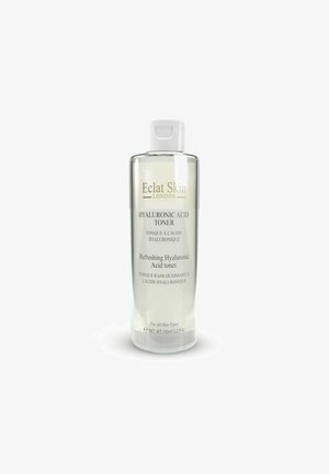 Clear plastic bottle of Eclat Skin London Hyaluronic Acid Toner, 150ml, labeled as refreshing and suitable for all skin types.