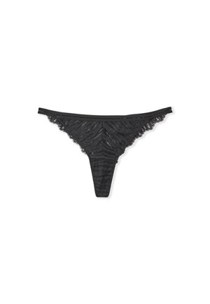 Black lace thong with a textured pattern, featuring scalloped edges and thin straps. The design is minimalist and form-fitting.