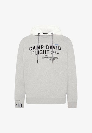 Felpa grigia in pile con cappuccio foderato di bianco. Presenta disegni di testo in nero e blu, incluso "CAMP DAVID FLIGHT CREW." Con cordini regolabili.