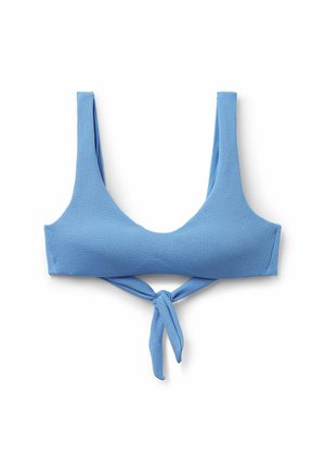 Light blue bikini top with a textured fabric, featuring thick straps and a knot detail at the center front.