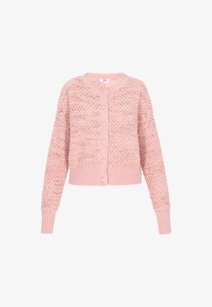 Ružičasti pleteni kardigan s teksturiranim uzorkom, okruglim izrezom i zatvaranjem na dugmad u obliku srca. Manžetne i rub su rebrasti.