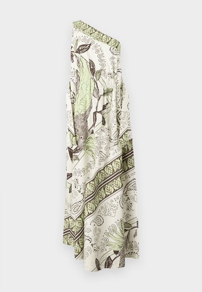 Φόρεμα μάξι με έναν ώμο με πράσινα και καφέ βοτανικά και παϊλέ μοτίβα σε κρεμ φόντο.
