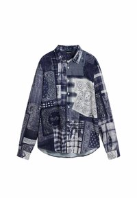 Navy blue long-sleeve shirt featuring a patchwork design with paisley and plaid patterns, buttoned front, and curved hem. Soft fabric texture.