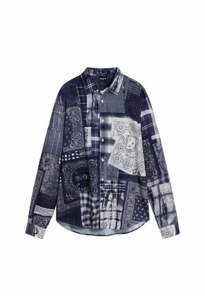 Marineblaue Langarmbluse mit einem Patchwork-Design aus Paisley- und Karomustern, Knopfleiste und abgerundetem Saum. Weicher Stoff.