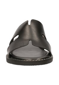 Black slide sandal made of smooth synthetic material with an open-toe design, featuring two wide straps and subtle stitching along the sole.