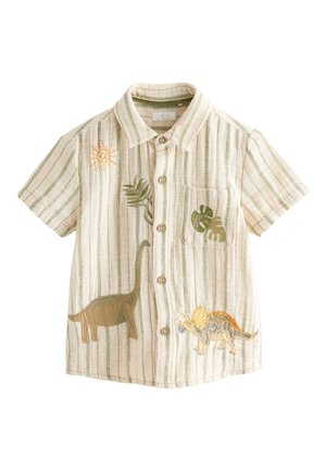 Beige og grønstribet kortærmet skjorte med krave, knapper, en forlommer og broderede dinosaurer, blade og solmotiver.