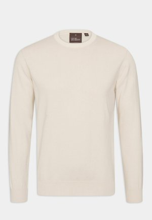 Maglione color crema realizzato in morbido tessuto a maglia, con scollo a girocollo e maniche lunghe, caratterizzato da una superficie liscia e polsini a coste.