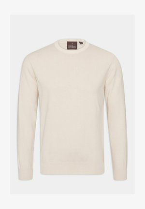 Pull crème en tricot doux, avec un col rond et des manches longues, doté d'une texture lisse et de bords-côtes.