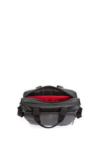 Borsa per laptop nera e grigia con apertura con zip, fodera interna rossa e doppi manici. Presenta un pannello laterale testurizzato e una cintura regolabile.