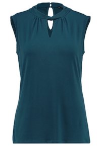 Beżowa bluzka bez rękawów w głębokim odcieniu teal, z drapowanym dekoltem i detalem w kształcie dziurki. Wykonana z gładkiego materiału, o luźnym kroju i minimalnym szyciu.