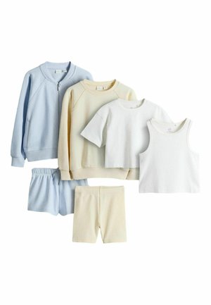 Six-piece set of casual clothing: light blue zip jacket with shorts, cream sweatshirt with matching shorts, white short-sleeve shirt, and sleeveless top.