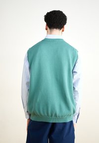 Vesta tricotată verde cu tiv și guri de brațe ribbate, purtată peste o cămașă cu mâneci lungi, în dungi albastre deschise. Pantaloni bleumarin sunt vizibili dedesubt.