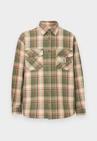 Πουκάμισο με μακριά μανίκια και κουμπιά σε καρό σχέδιο με πράσινα, κρεμ και πορτοκαλί χρώματα, που διαθέτει δύο τσέπες στο στήθος με καλύμματα και κουμπιά.