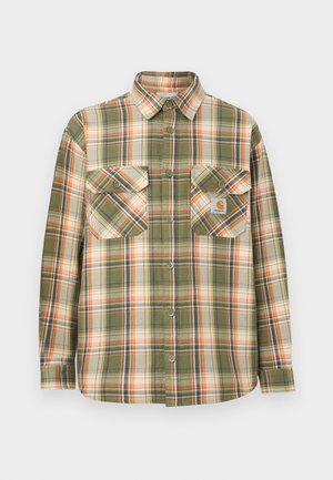 Chemise à manches longues à carreaux vert, crème et orange, avec deux poches poitrine à rabats boutonnés.