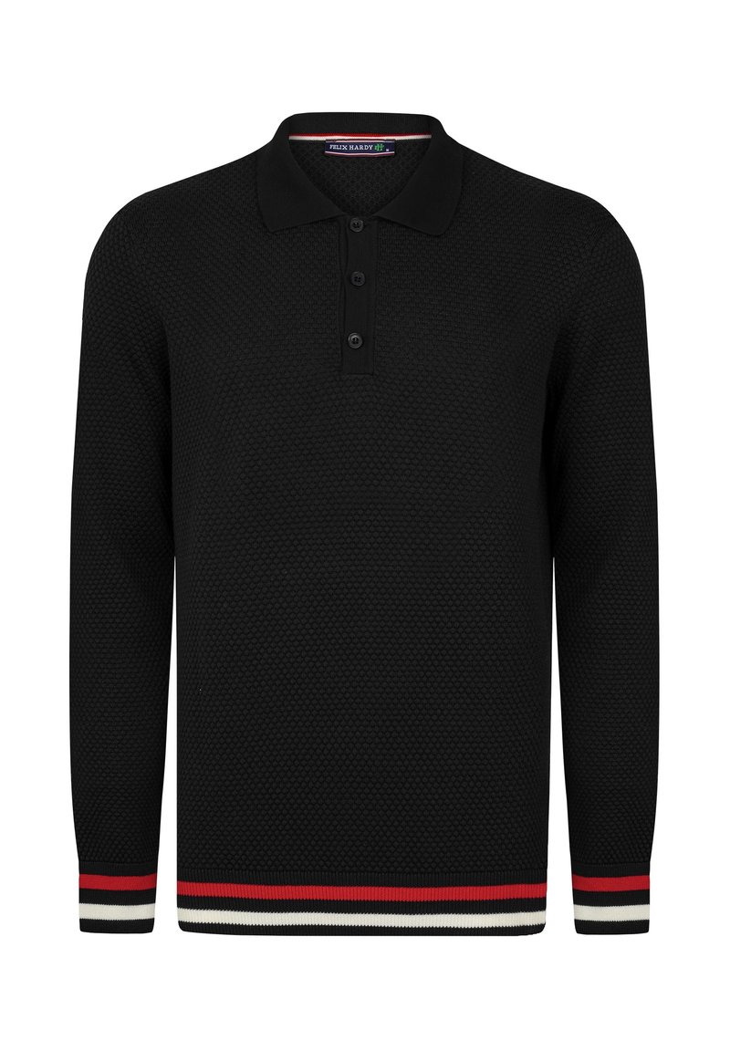 Zwarte polo met lange mouwen, voorzien van een gestructureerd breipatroon, drieknoopsluiting en gestreepte rode en witte accenten bij de manchetten en de zoom.