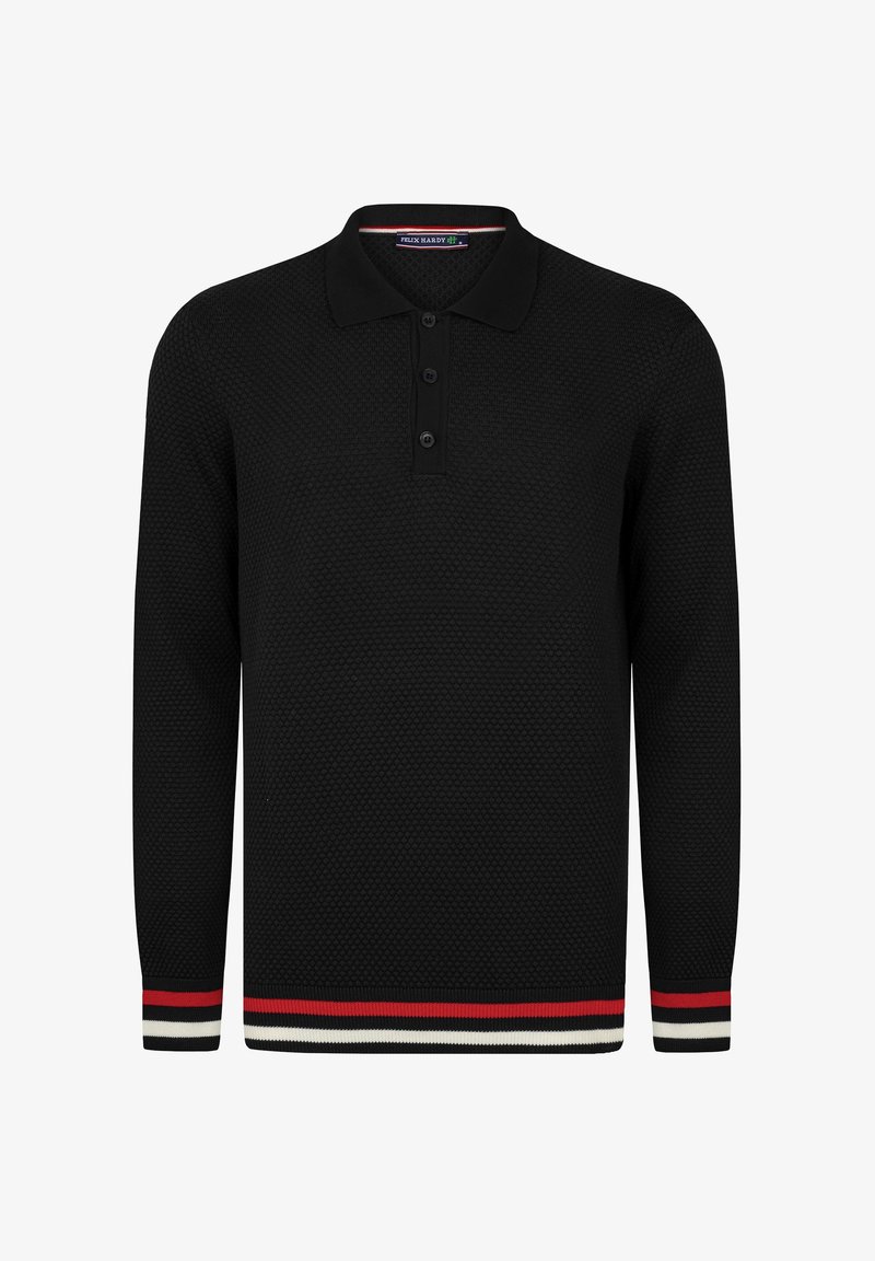 Zwarte polo met lange mouwen, voorzien van een gestructureerd breipatroon, drieknoopsluiting en gestreepte rode en witte accenten bij de manchetten en de zoom.
