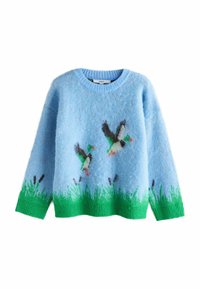Puhább, texturált fonalból készült kék pulóver, zöld fű és repülő kacsa motívumokkal. Ribbed zöld aljjal és mandzsettával. Kerek nyakkivágás.