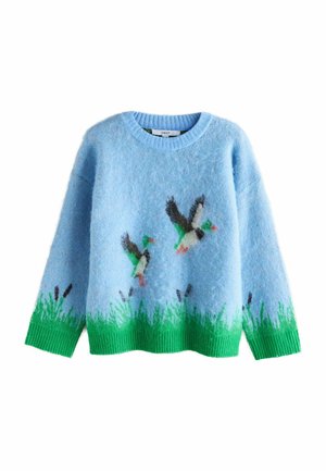 Blauer Pullover aus weichem, strukturierter Wolle, mit Motiven von grünem Gras und fliegenden Enten. Gerippter grüner Saum und Bündchen. Rundhalsausschnitt.