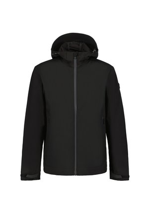 Chaqueta impermeable negra con capucha, cierre frontal con cremallera, dos bolsillos laterales con cremallera y puños ajustables.