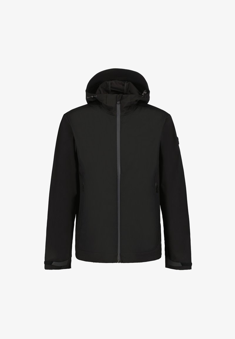 Chaqueta impermeable negra con capucha, cierre frontal con cremallera, dos bolsillos laterales con cremallera y puños ajustables.