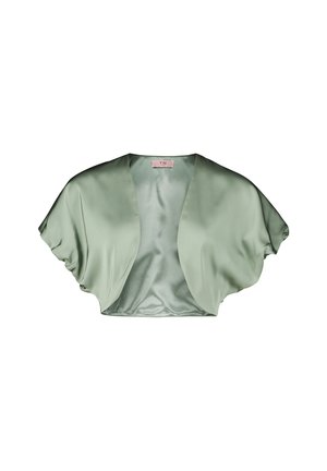 Short-sleeve cropped jacket in soft, pale green satin. Features a lightweight, flowing design with an open front and no fastenings.