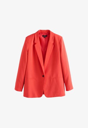 Koralloranž kohandatud bleiser sälguga kraega, ühe musta nupuga kinnitusega ja kahe esiosas taskuga, esitatuna lamedalt valgel taustal.