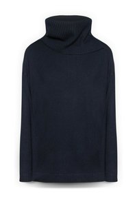 Maglione dolcevita blu navy in tessuto lavorato a maglia, con collo a coste, vestibilità ampia e orlo inferiore dritto senza cuciture visibili.
