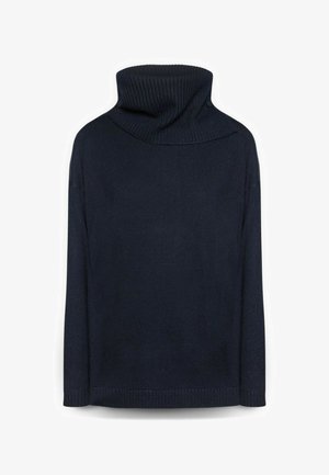 Granatowy sweter z golfem wykonany z dzianiny, z żebrowanym kołnierzem, luźnym krojem oraz prostym dolnym obszyciem bez widocznych szwów.