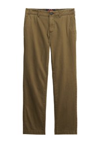 Chino couleur kaki en coton avec une coupe droite, poches avant et fermeture à bouton à la taille.