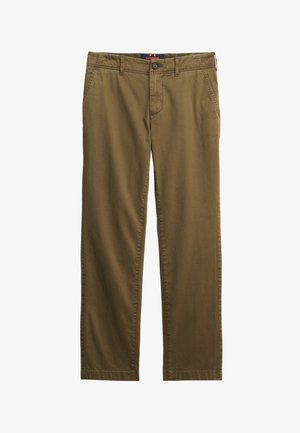 Beżowe chinosy wykonane z bawełny, o prostym kroju, z przednimi kieszeniami i zapięciem na guzik w pasie.