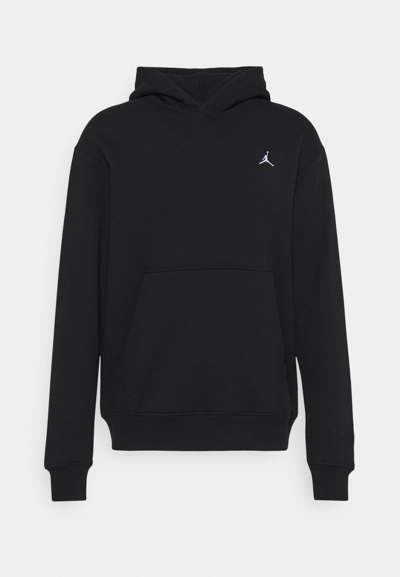 Černá mikina s dlouhým rukávem, přední kapsou a malým bílým logem Jumpman na levém prsním díle.