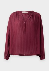 Blouse bordeaux à manches longues avec un design plissé, décolleté en V et trois boutons sur le devant. Tissu léger avec un éclat subtil.