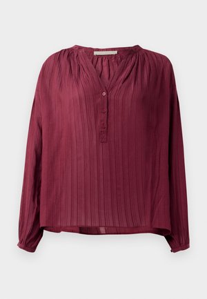 Burgundy long-sleeve blouse with a pleated design, V-neckline, and three buttons down the front. Lightweight fabric with a subtle sheen.