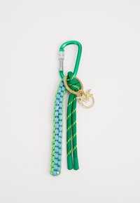 Grüner Karabiner mit silberner Schraubverschluss. Befestigt sind drei strukturierte, geflochtene Riemen in Grün- und Blautönen, mit einem goldenen Vogelanhänger.