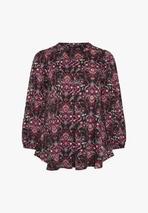 Mustat puserot, joissa on kukkakuva pinkin, punaisen ja valkoisen sävyissä. Pitkät hihat ja pyöreä kaula-auko, kiristyssomisteet vyötäröllä.