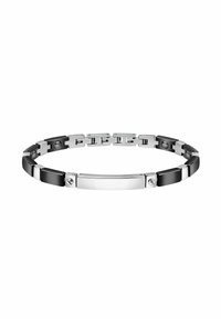 Braccialetto nero e argento, con anelli rettangolari alternati, finitura metallica lucida, piastra rettangolare centrale, dettagli decorativi a forma di vite.