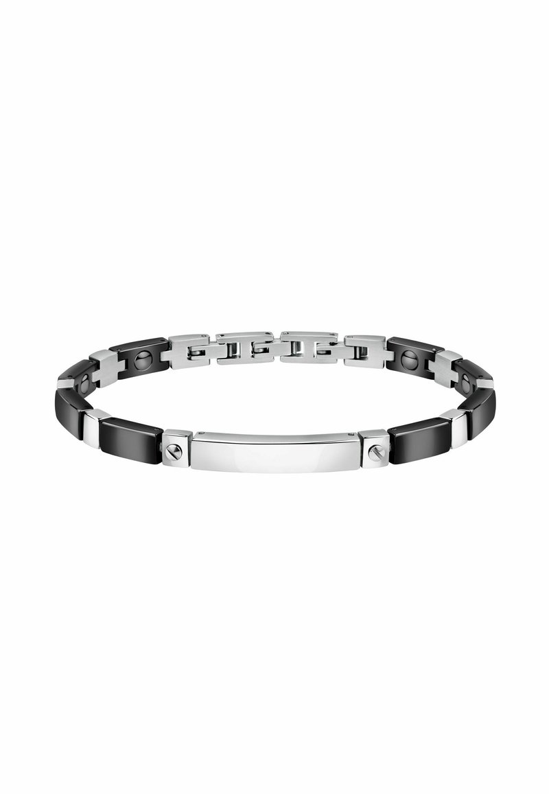 Braccialetto nero e argento, con anelli rettangolari alternati, finitura metallica lucida, piastra rettangolare centrale, dettagli decorativi a forma di vite.