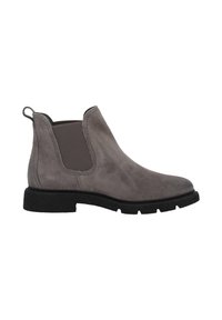 Botín Chelsea de ante gris con paneles laterales elásticos, suela de goma negra plana, asa en la parte trasera y diseño de punta redonda.