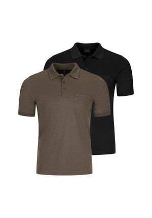 Zwei kurzärmelige Herren-Poloshirts mit Kragen und Brusttaschen, eines in Dunkelbraun und eines in Schwarz, auf weißem Hintergrund dargestellt.