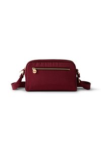 Burgundy crossbody bag with a textured finish, gold hardware, front zip pocket, and adjustable strap, measuring approximately 8x5 inches.