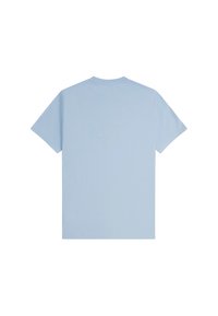 Hellblaues Baumwoll-T-Shirt mit klassischem Rundhalsausschnitt und kurzen Ärmeln. Glatte Textur, schlichtes Design, keine sichtbaren Logos oder Muster.