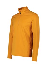 Orange lang�ærmet top lavet af glat, let stof. Har en halvlukket krave og en tætsiddende design, velegnet til aktiv brug.