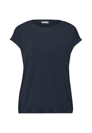 Top de mujer azul marino oscuro con mangas cortas, puños doblados, cuello redondo y dobladillo elástico.
